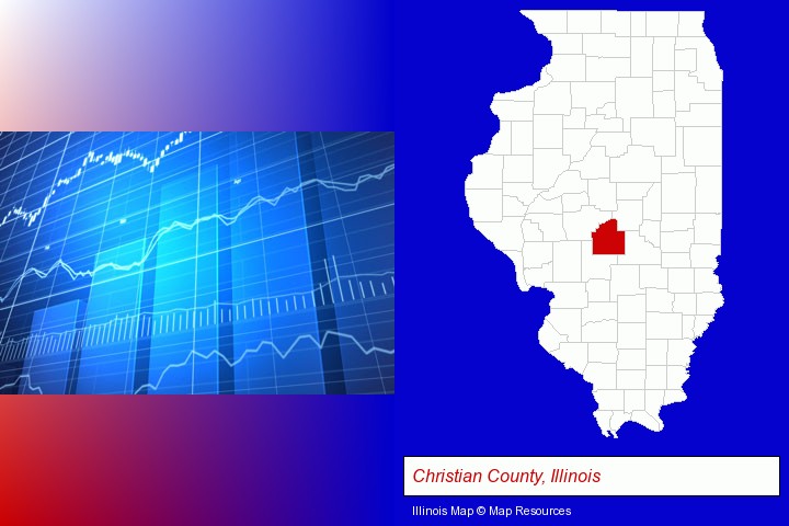 a financial chart; Christian County, Illinois highlighted in red on a map