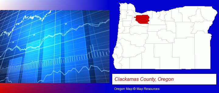 a financial chart; Clackamas County, Oregon highlighted in red on a map