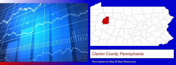 a financial chart; Clarion County, Pennsylvania highlighted in red on a map