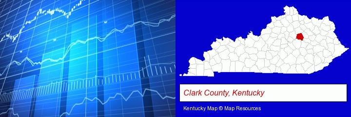 a financial chart; Clark County, Kentucky highlighted in red on a map