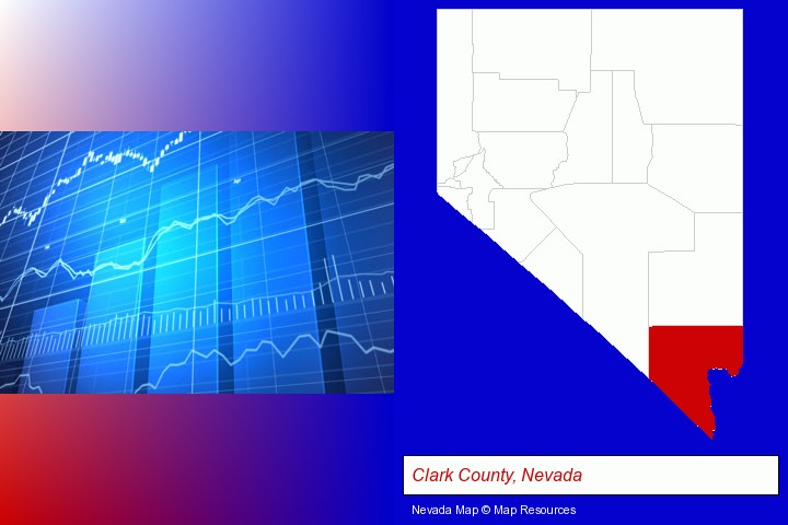 a financial chart; Clark County, Nevada highlighted in red on a map