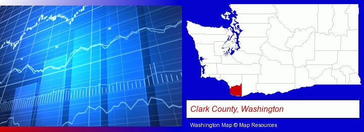 a financial chart; Clark County, Washington highlighted in red on a map