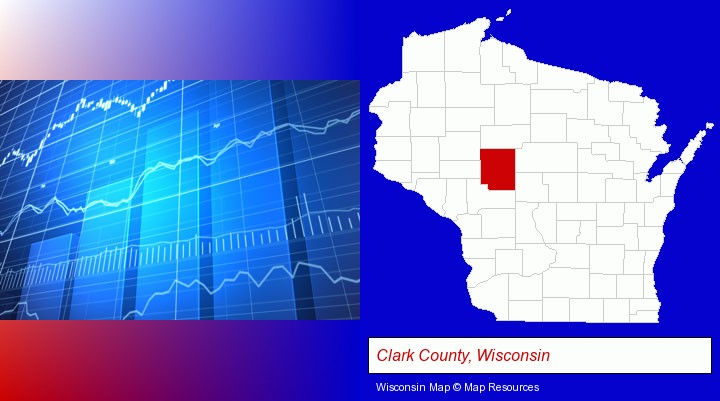 a financial chart; Clark County, Wisconsin highlighted in red on a map