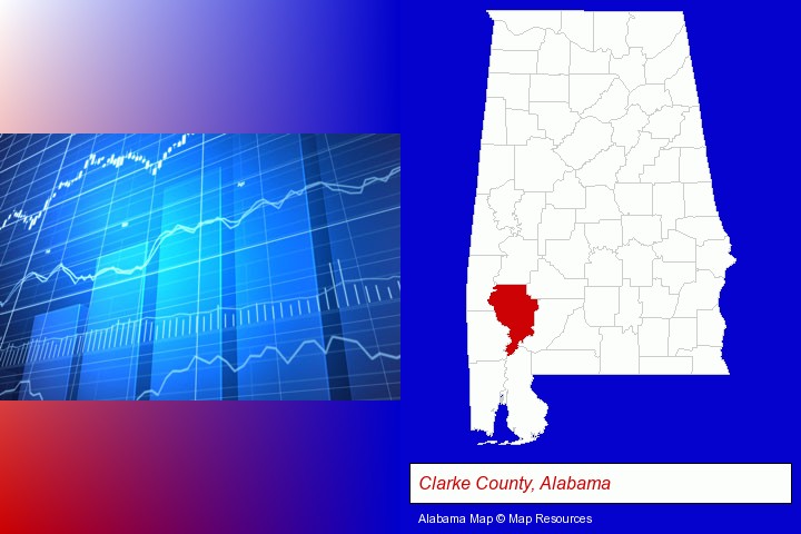 a financial chart; Clarke County, Alabama highlighted in red on a map