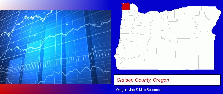 a financial chart; Clatsop County, Oregon highlighted in red on a map