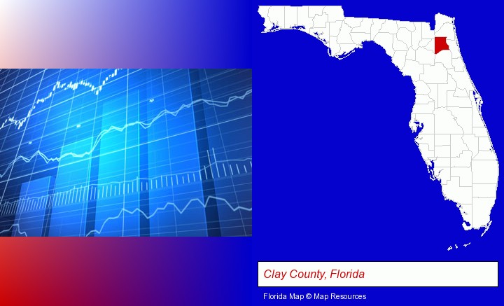 a financial chart; Clay County, Florida highlighted in red on a map