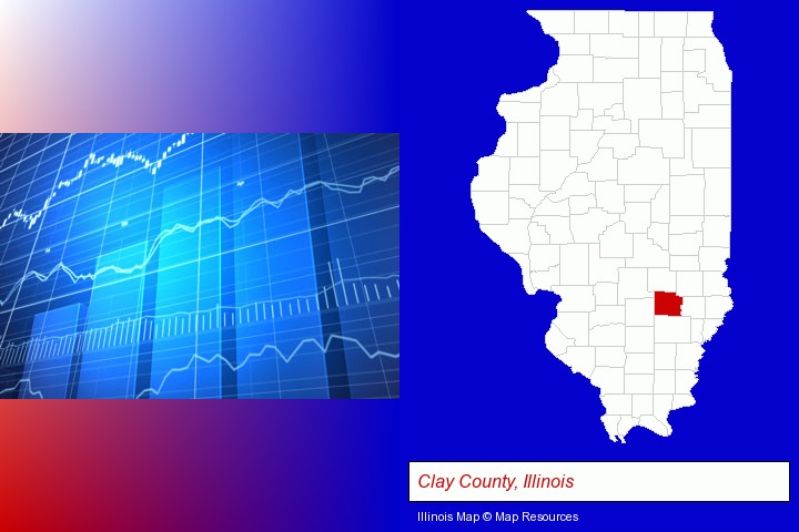 a financial chart; Clay County, Illinois highlighted in red on a map