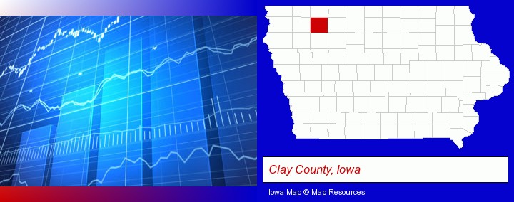 a financial chart; Clay County, Iowa highlighted in red on a map