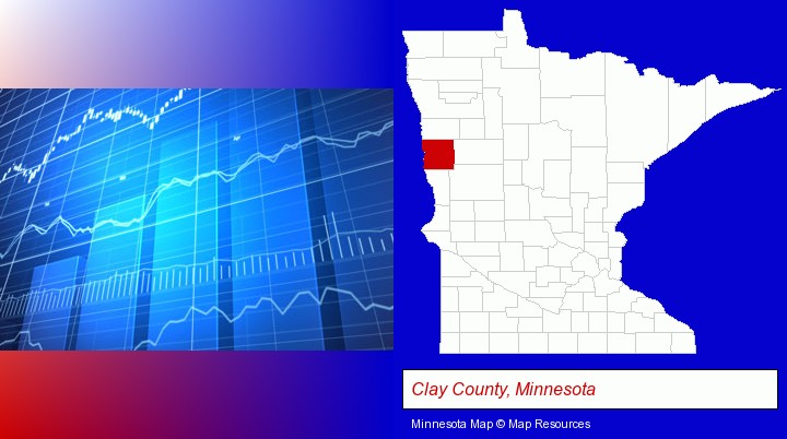 a financial chart; Clay County, Minnesota highlighted in red on a map