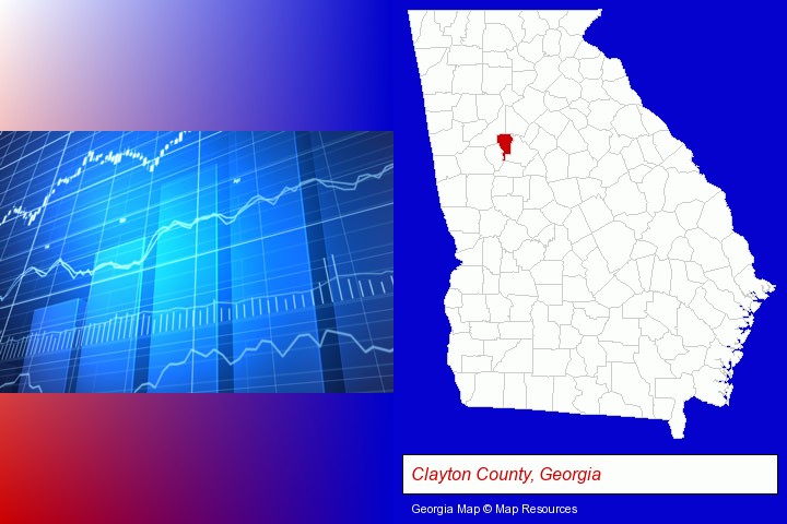 a financial chart; Clayton County, Georgia highlighted in red on a map