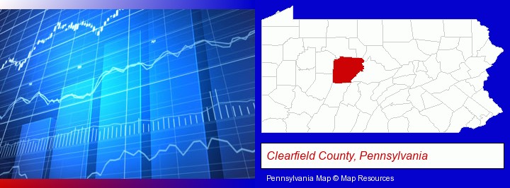 a financial chart; Clearfield County, Pennsylvania highlighted in red on a map