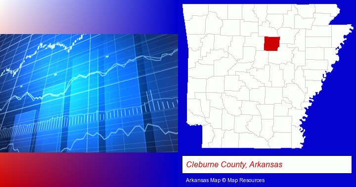 a financial chart; Cleburne County, Arkansas highlighted in red on a map