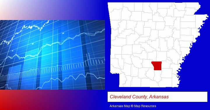 a financial chart; Cleveland County, Arkansas highlighted in red on a map