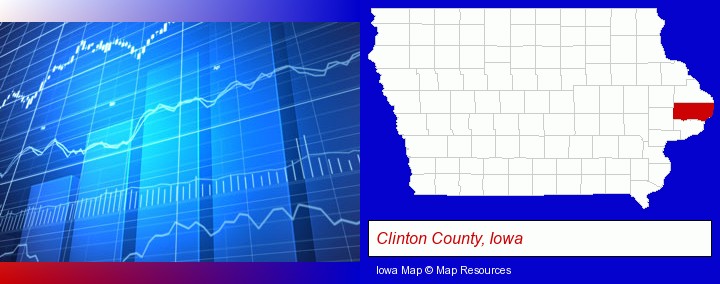 a financial chart; Clinton County, Iowa highlighted in red on a map