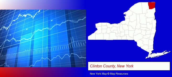 a financial chart; Clinton County, New York highlighted in red on a map