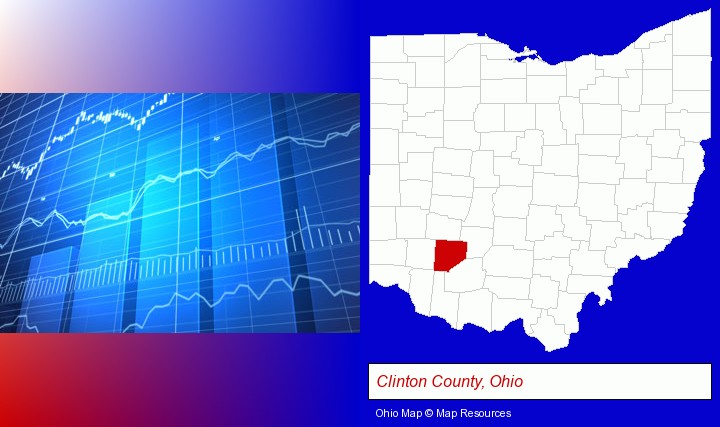 a financial chart; Clinton County, Ohio highlighted in red on a map