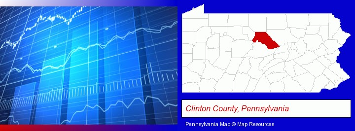 a financial chart; Clinton County, Pennsylvania highlighted in red on a map