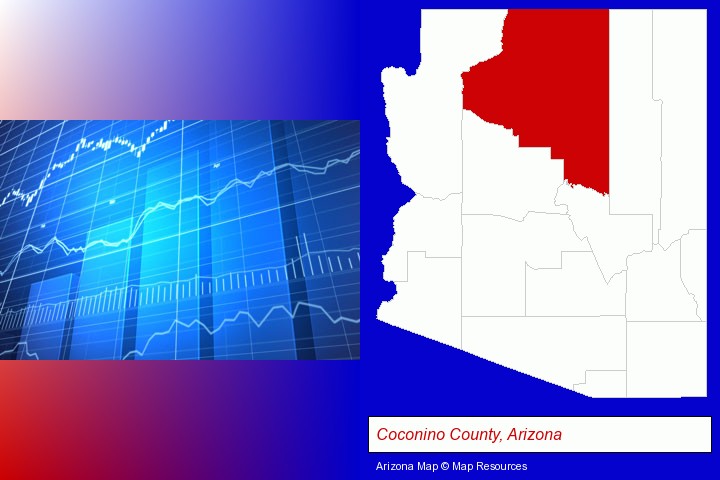 a financial chart; Coconino County, Arizona highlighted in red on a map