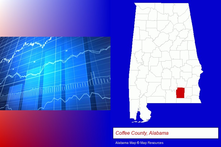a financial chart; Coffee County, Alabama highlighted in red on a map