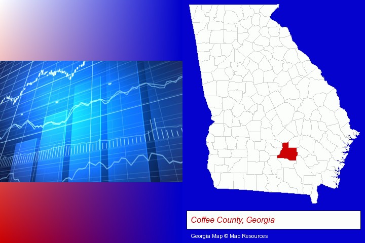 a financial chart; Coffee County, Georgia highlighted in red on a map