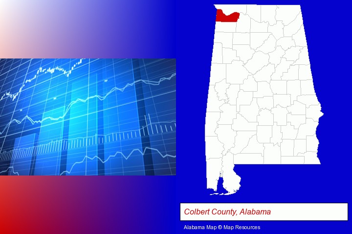 a financial chart; Colbert County, Alabama highlighted in red on a map
