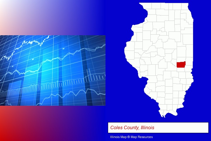 a financial chart; Coles County, Illinois highlighted in red on a map