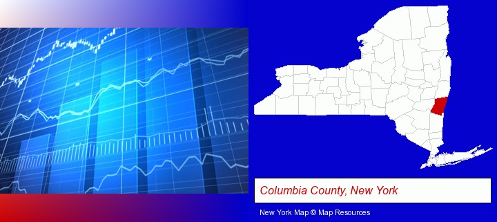 a financial chart; Columbia County, New York highlighted in red on a map