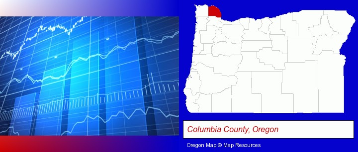 a financial chart; Columbia County, Oregon highlighted in red on a map