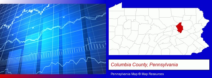 a financial chart; Columbia County, Pennsylvania highlighted in red on a map