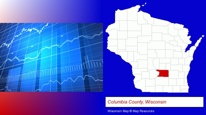 a financial chart; Columbia County, Wisconsin highlighted in red on a map