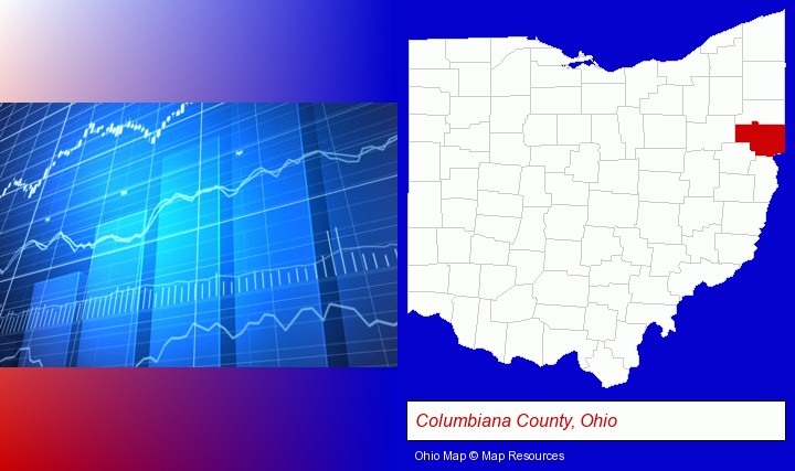 a financial chart; Columbiana County, Ohio highlighted in red on a map