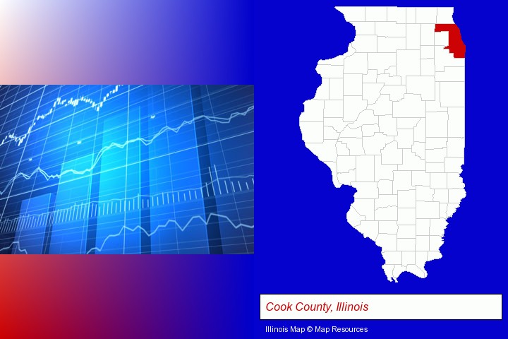 a financial chart; Cook County, Illinois highlighted in red on a map