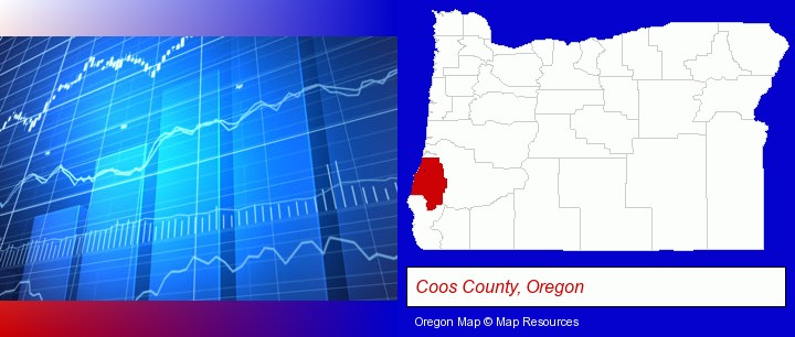 a financial chart; Coos County, Oregon highlighted in red on a map