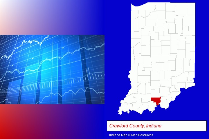a financial chart; Crawford County, Indiana highlighted in red on a map
