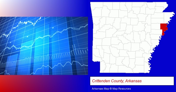 a financial chart; Crittenden County, Arkansas highlighted in red on a map
