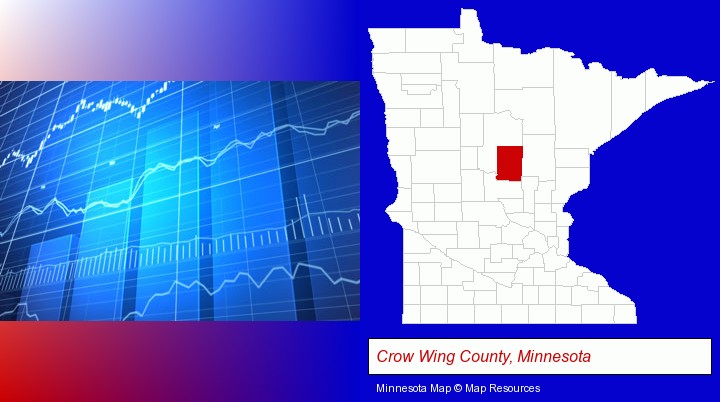 a financial chart; Crow Wing County, Minnesota highlighted in red on a map