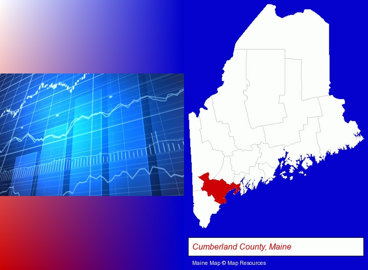 a financial chart; Cumberland County, Maine highlighted in red on a map