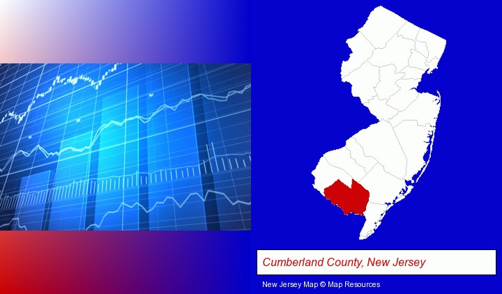 a financial chart; Cumberland County, New Jersey highlighted in red on a map