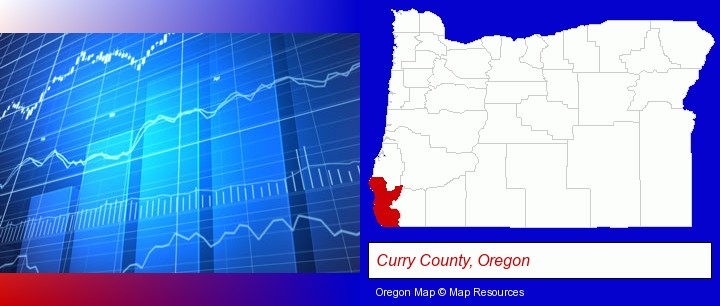 a financial chart; Curry County, Oregon highlighted in red on a map