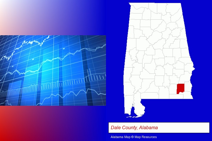 a financial chart; Dale County, Alabama highlighted in red on a map