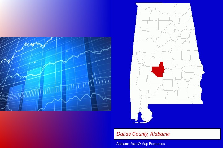 a financial chart; Dallas County, Alabama highlighted in red on a map