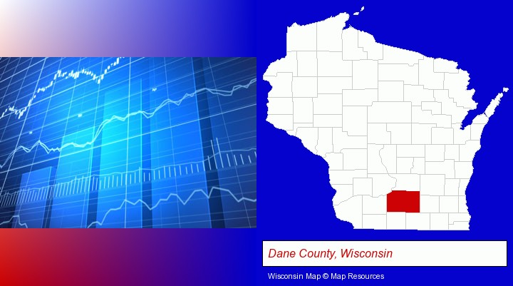 a financial chart; Dane County, Wisconsin highlighted in red on a map