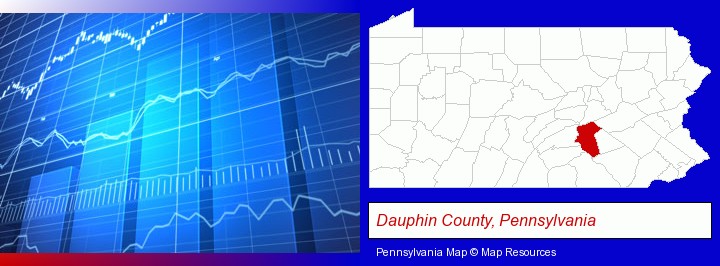 a financial chart; Dauphin County, Pennsylvania highlighted in red on a map