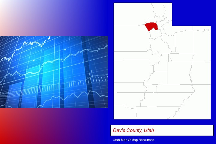 a financial chart; Davis County, Utah highlighted in red on a map