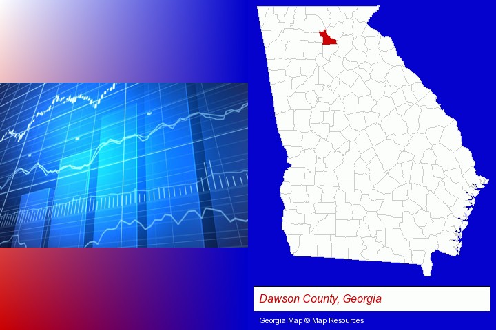 a financial chart; Dawson County, Georgia highlighted in red on a map