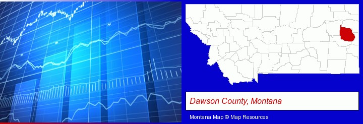 a financial chart; Dawson County, Montana highlighted in red on a map