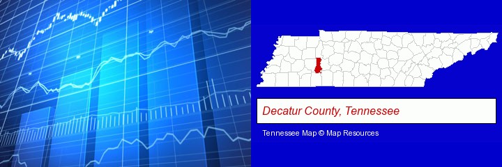 a financial chart; Decatur County, Tennessee highlighted in red on a map