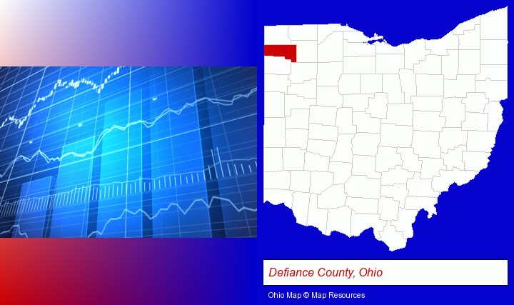 a financial chart; Defiance County, Ohio highlighted in red on a map