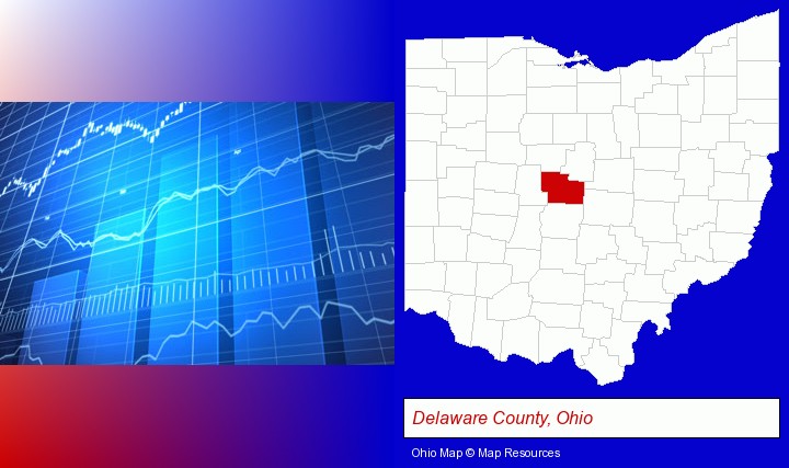 a financial chart; Delaware County, Ohio highlighted in red on a map