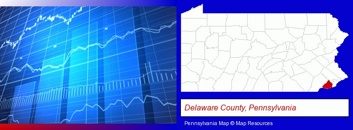 a financial chart; Delaware County, Pennsylvania highlighted in red on a map
